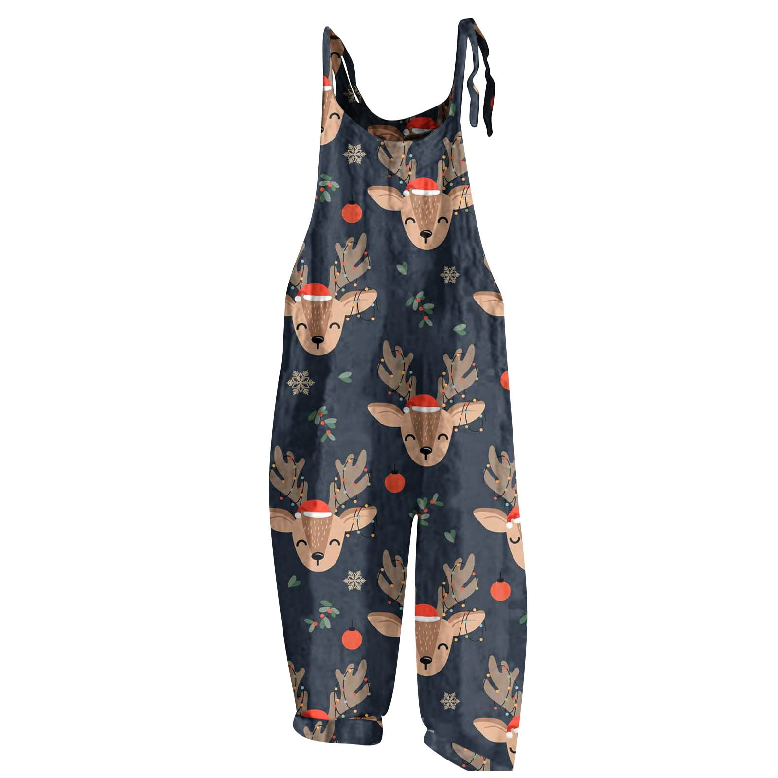 Qcmgmg Ugly Christmas Overalls Womens Jumpsuit Adjustable Straps Wide