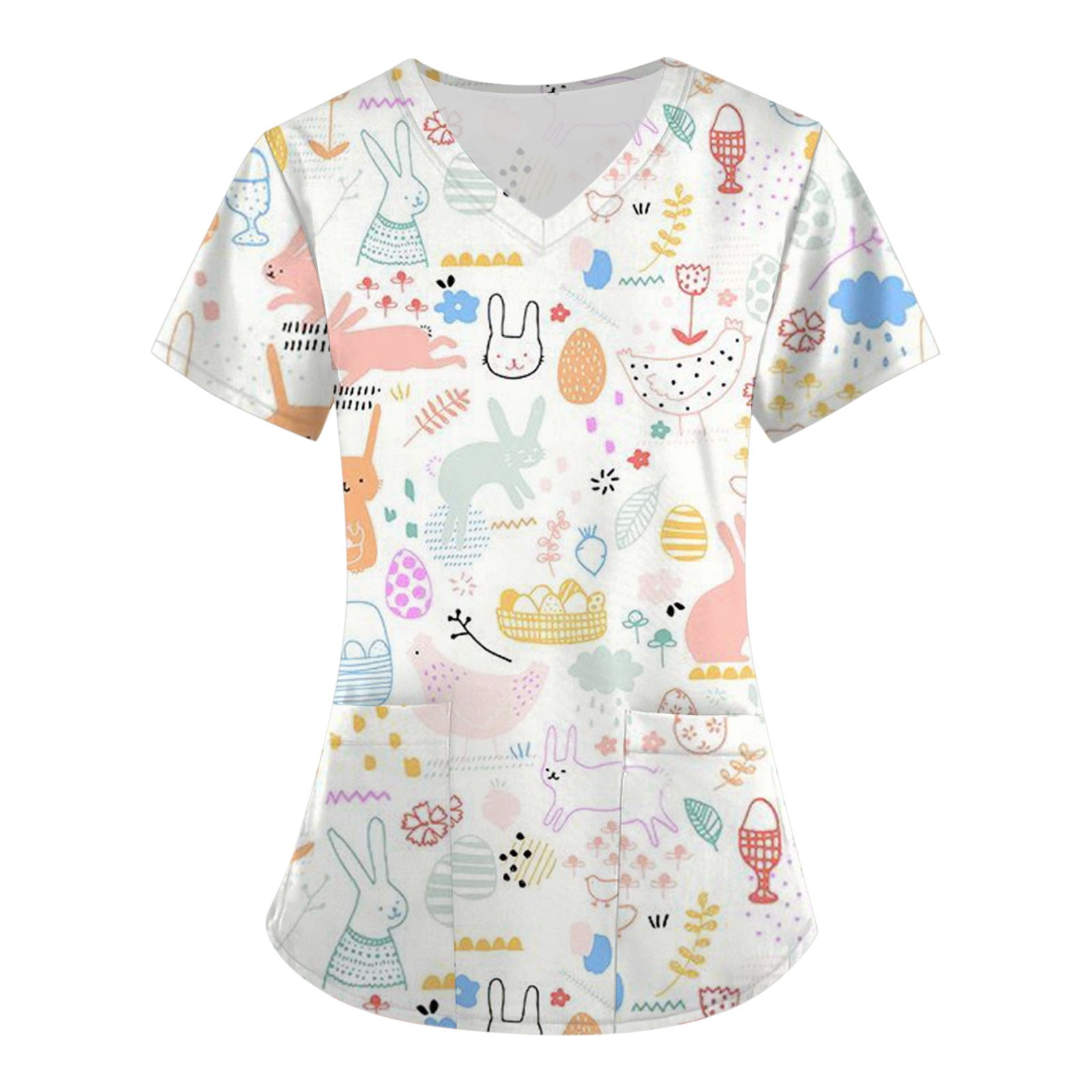 Qcmgmg V Neck Uniforms Easter Scrub Top for Women Egg Nursing Rabbit