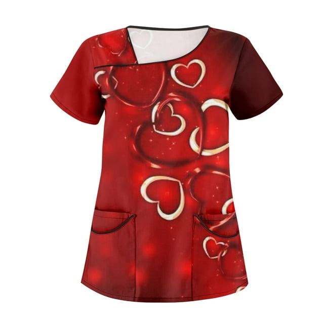 Qcmgmg Valentines Day Scrub Tops Love Heart Print Casual Nurse V Neck ...