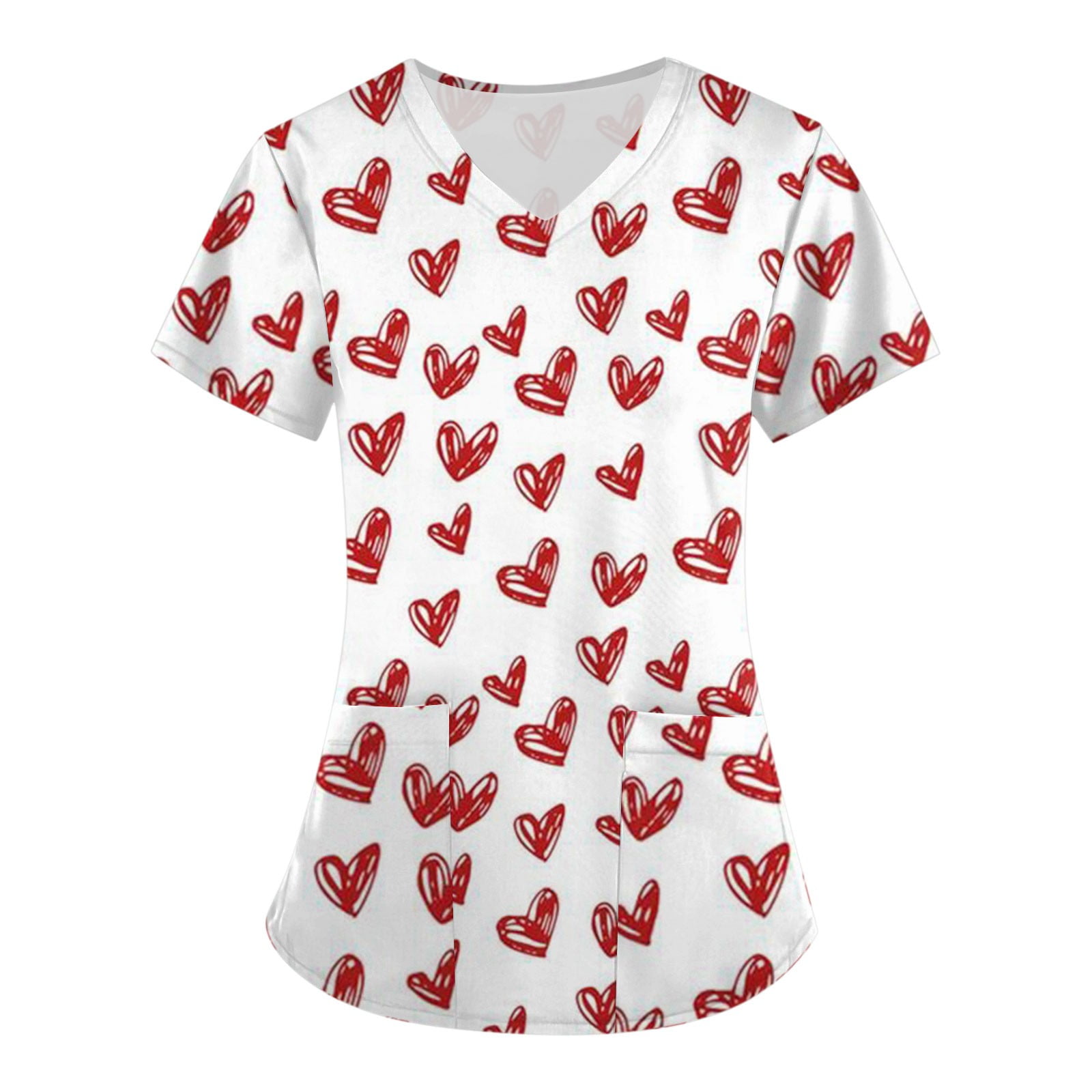 Qcmgmg Valentines Scrub Top Love Heart Print V Neck Nurse Short Sleeve
