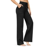 Qcmgmg Wide Leg Pants Women High Waisted Stretchy Casual Yoga Pants Drawstring Workout Petite Women Sweatpants Comfy Dressy Straight Lounge Women's Lounge Pants with Pockets Black 2XL