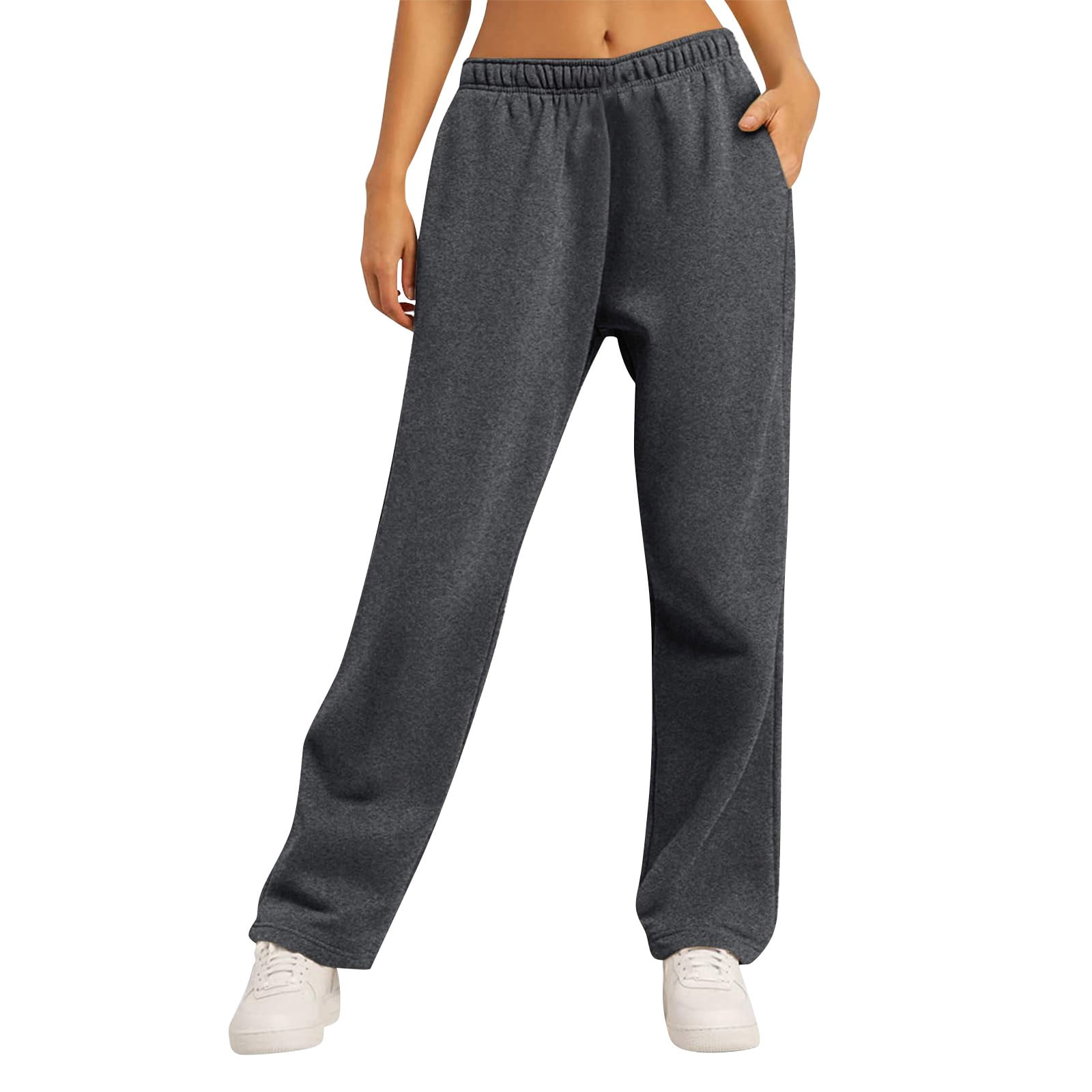 Qcmgmg Wide Leg Sweatpants High Waisted Casual Sweat Pants Women Fleece Lined Wide Straight Leg Joggers for Women Trendy Winter Cute Cargo Pants Women with Pockets Dark Gray XL Walmart