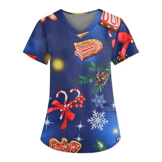 Qcmgmg Woman Christmas Scrub Top Christmas Tree V Neck Short Sleeve Plus Size Scrubs Nurse
