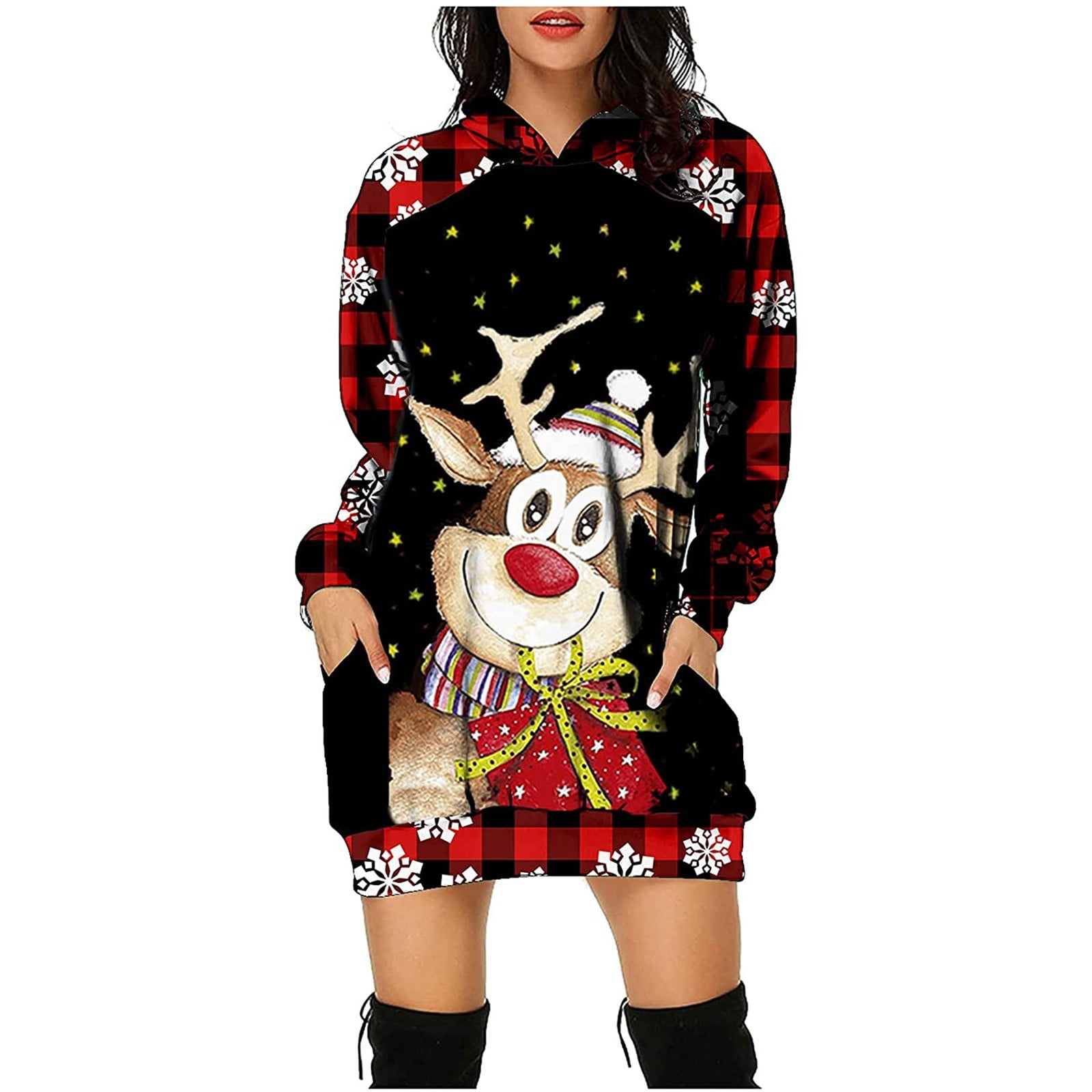 Qcmgmg Woman Plus Christmas Sweatshirts Hooded Reindeer Long Sleeve Women Hoodie Trendy Plus