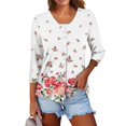 Qcmgmg Women Button Down Shirts 3/4 Sleeve Floral Print Work Blouses V