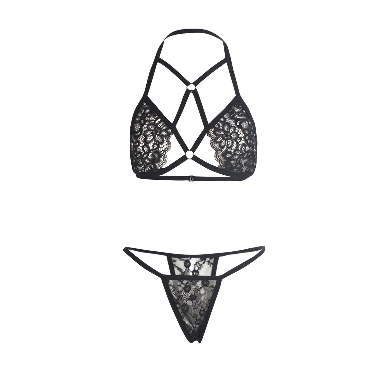 Qcmgmg Women Halter Lingerie Set Tback Backless Bodysuit Lace Bra and