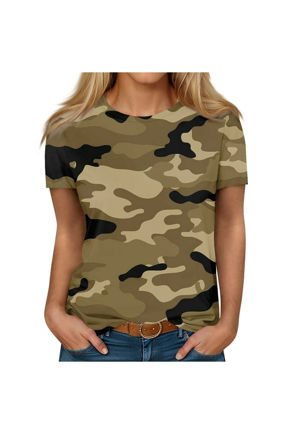 Qcmgmg Women Short Sleeve Tops Camo Crew Neck Casual T Shirts 2024 Summer Shirts Tees Tunic Tops Camel L