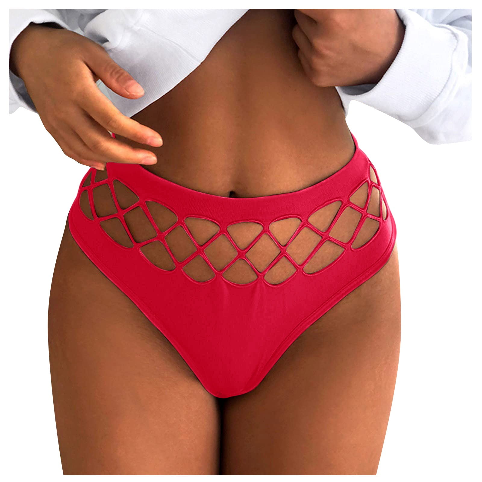 Qcmgmg Women's Briefs Low Rise Hollow Out Seamless Womens Panties Plus Size  Red M 