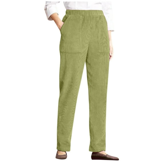 Qcmgmg Women's Corduroy Pants Pull on Elastic Winter Wide Leg Pants Woman High Waisted Slacks Fall Women's Lounge Pants Casual Pajama Fashion Stretch Womens Trouser Pants with Pockets Light Green XL