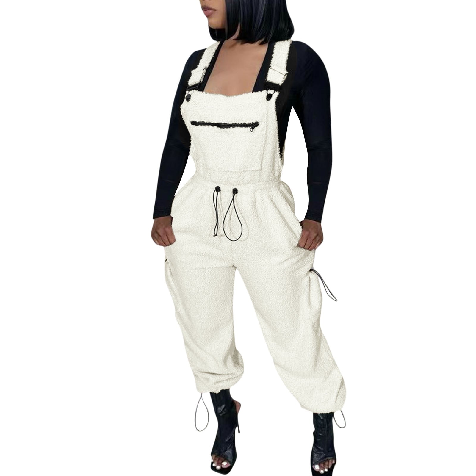 Qcmgmg Womens Bib Overalls Plus Size Drawstring Waist Fuzzy Sherpa