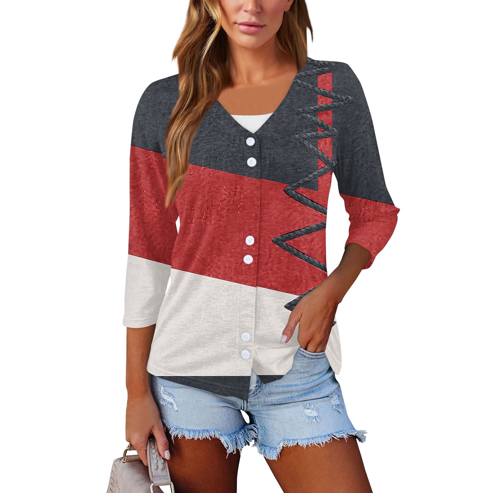 Yihaojia Women’s 3/4 Sleeve V-Neck Henley Top – Casual Blouse For Work & Everyday Wear
