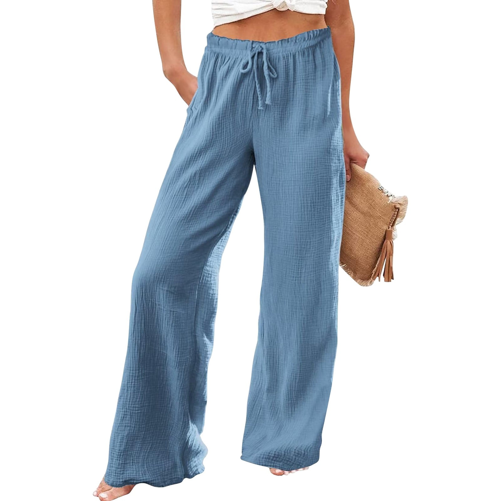 Qcmgmg Womens Clearance Pants Linen Pants Women Wide Leg Elastic High