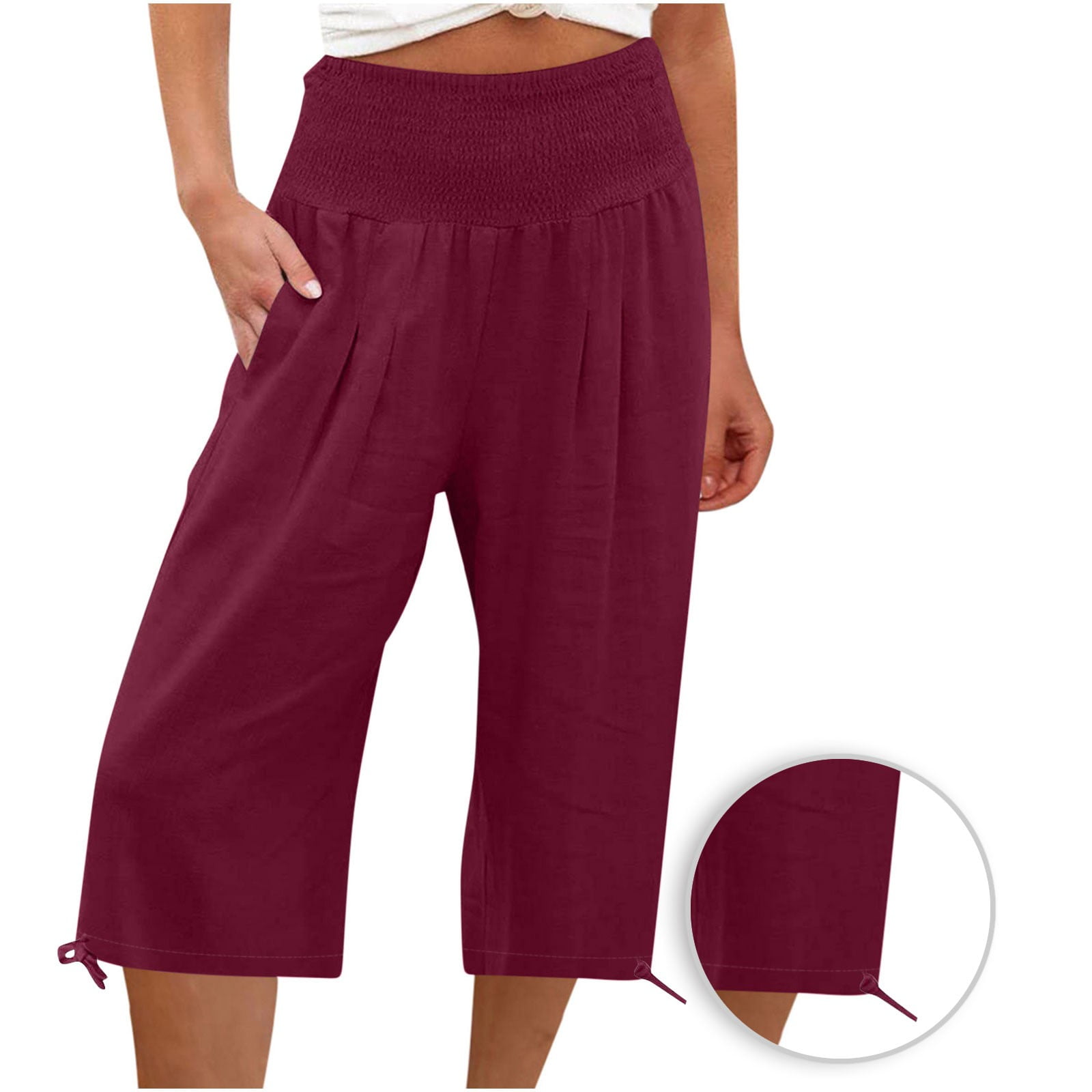 Qcmgmg Womens Clearance Pants Womens Linen Capri Pants Smocked High