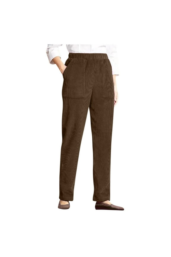 Qcmgmg Womens Corduroy Pants Elastic Waist Pull on Elastic Stretch Wide Leg Pants Slacks High Waisted Pajama Womens Lounge Pants Fall Petite Winter Casual Trouser Pants with Pockets S