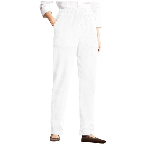 Qcmgmg Womens Corduroy Pants High Waisted Elastic Fashion Wide Leg Pants Woman Pull on Slacks Casual Lounge Pants Fall Stretch Winter Pajama Trouser Pants for Women with Pockets White 3XL