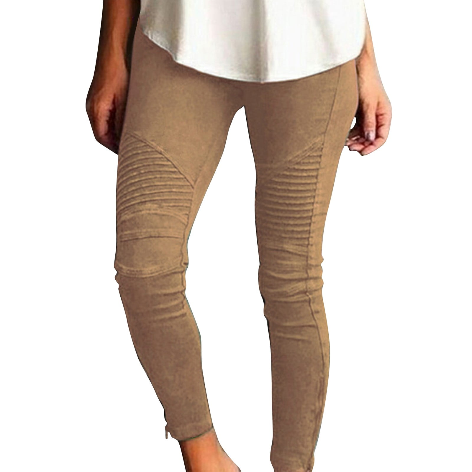 Qcmgmg Womens Cotton Jeggings for Women High Waisted Stretch Skinny Moto Biker Leggings Pleated Slim Pull On Pencil Pants Khaki L Walmart