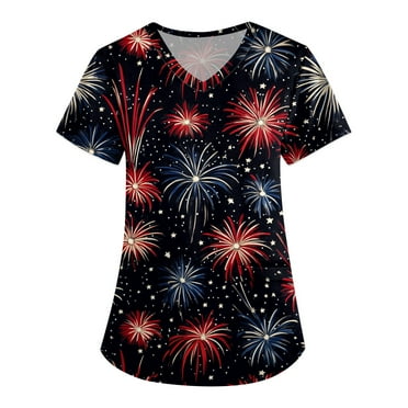 Qcmgmg Womens Memorial Day Scrubs 4th Of July Short Sleeve Patriotic Scrub Tops USA Flag V Neck Red White and Blue Uniforms Fourth Of July Medical Nursing Scrub Shirts Black Large