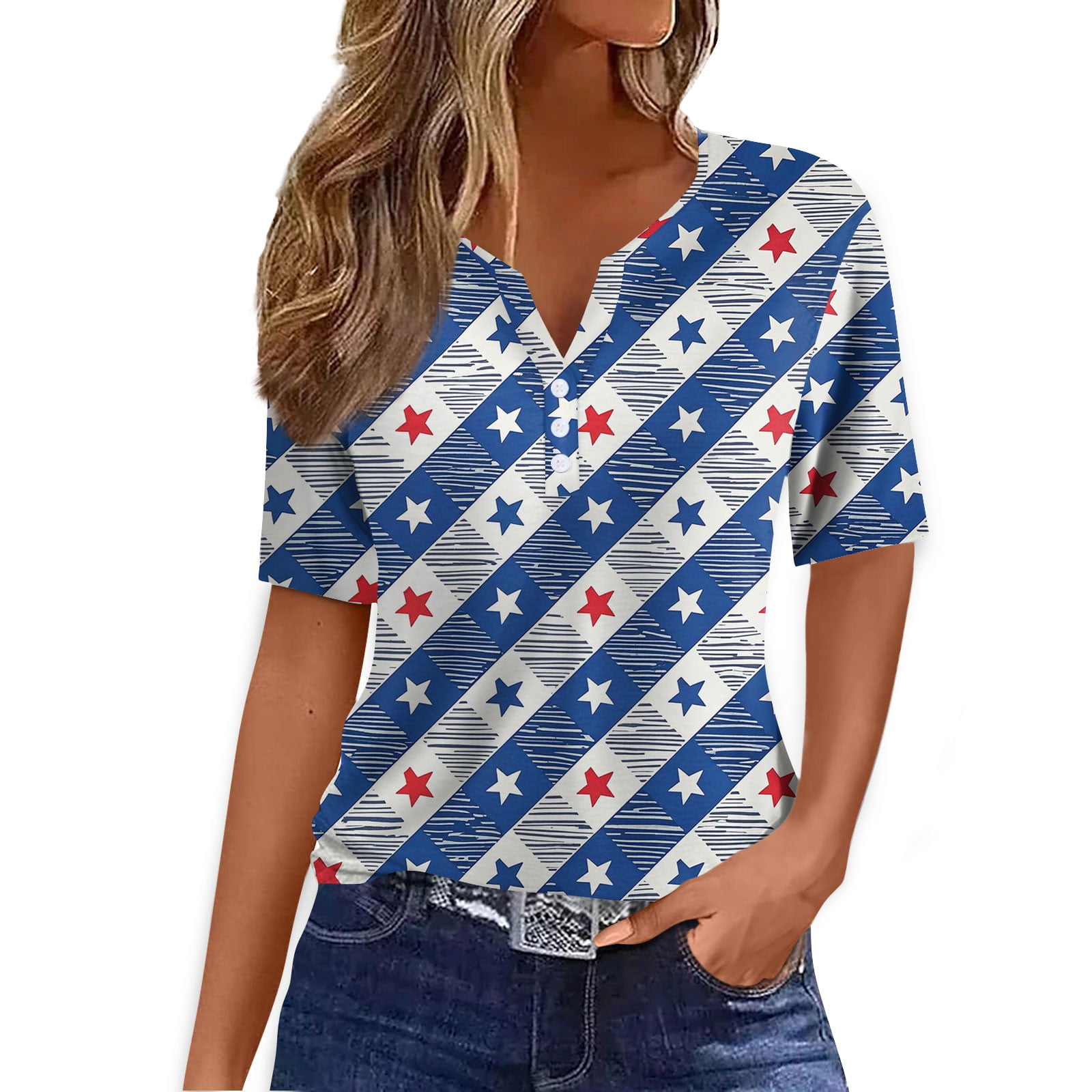 Qcmgmg Womens Memorial Day Tops Henley V Neck Red White and Blue Shirts ...