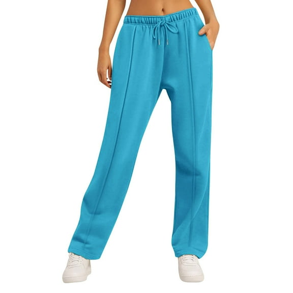 Qcmgmg Womens Plus Fleece Sweatpants with Pockets High Waisted Cargo Yoga Baggy Pants Women Comfy Casual Women Joggers Wide Straight Leg Petite Fashion Women Sweat Pants Royal Blue M