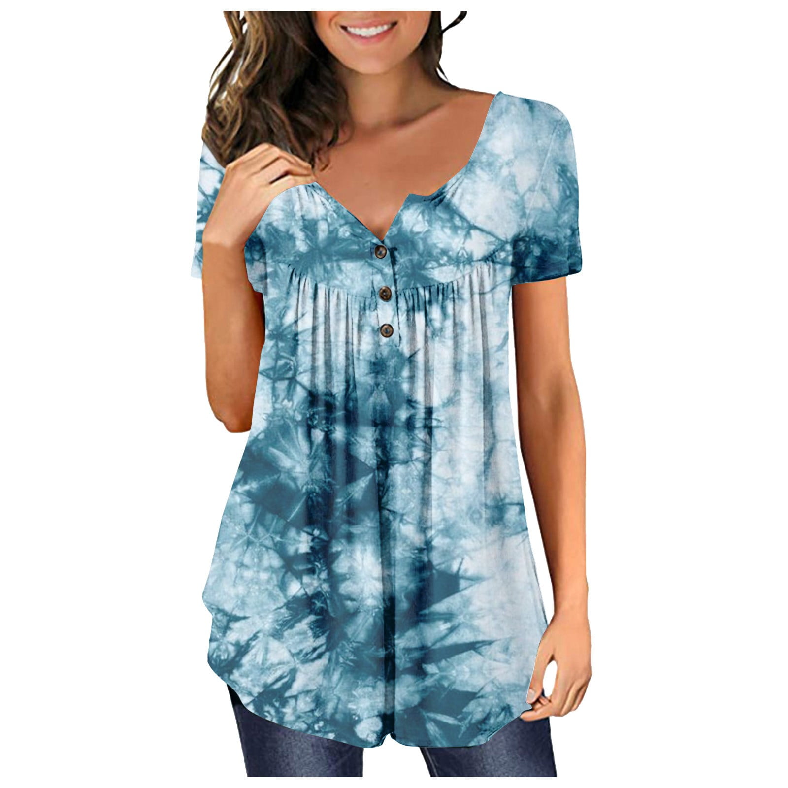 Qcmgmg Womens Plus Size Tunic Tops Short Sleeve Casual TieDye Henley
