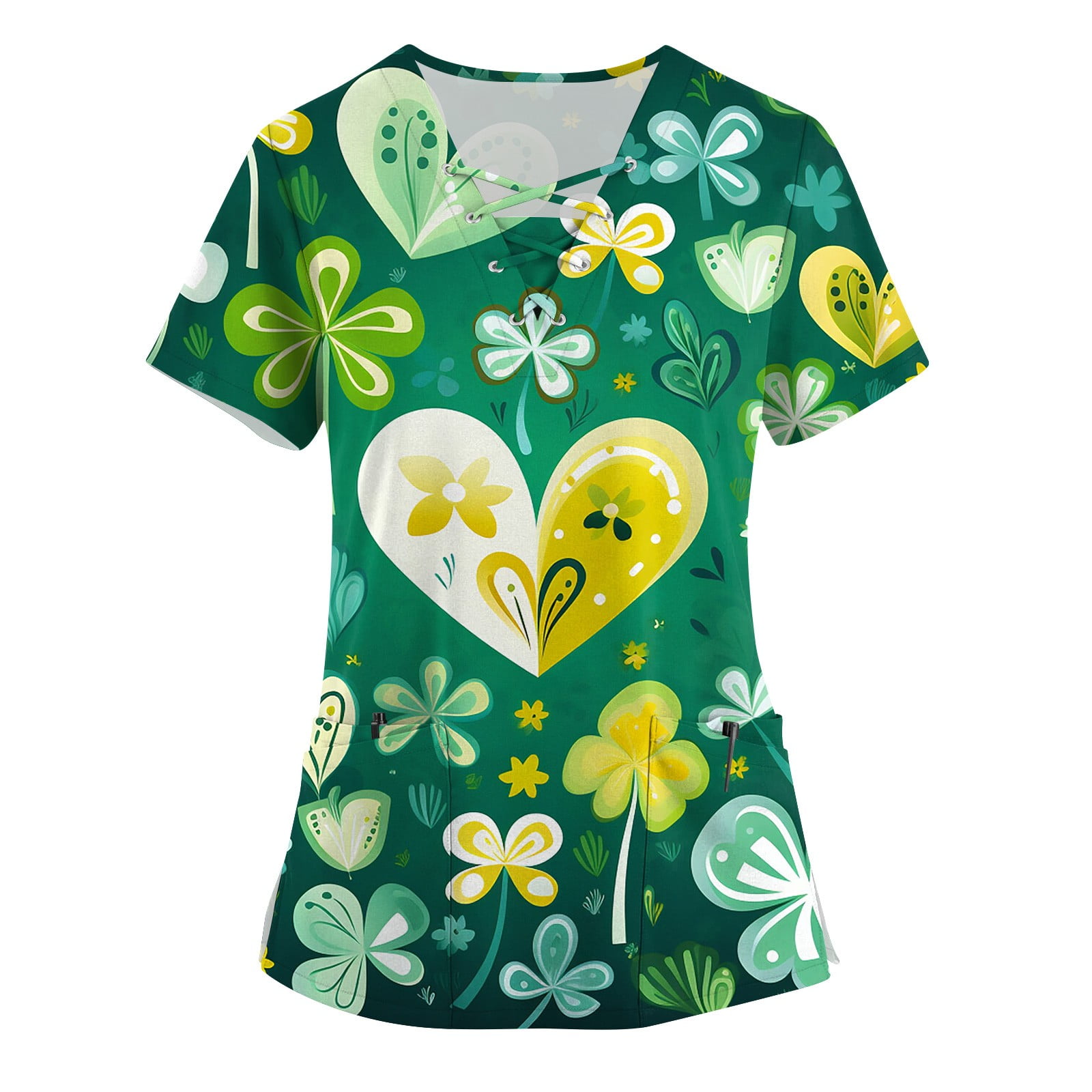 Qcmgmg Womens Short Sleeve Nursing Green St Patricks Day Scrub Top