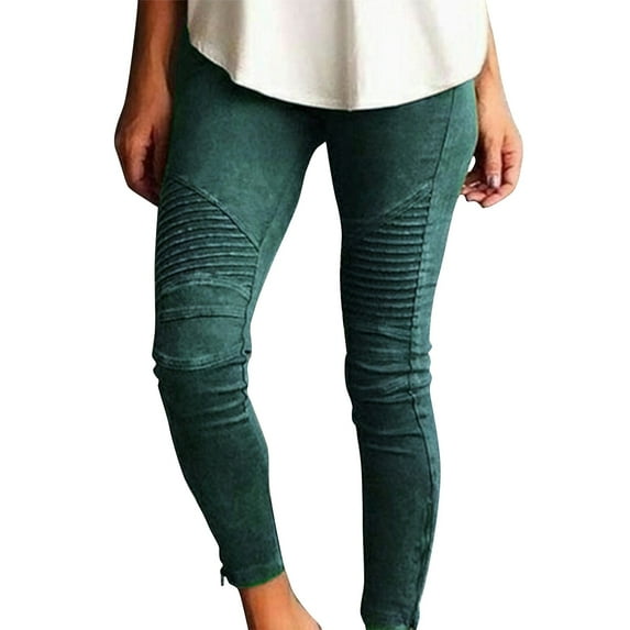 Qcmgmg Womens Skinny Moto Jegging Jeans Denim Slim Fit Mid Rise Stretch Pencil Pants Casual Fashion Comfy Pull-On Ankle Pants Green S