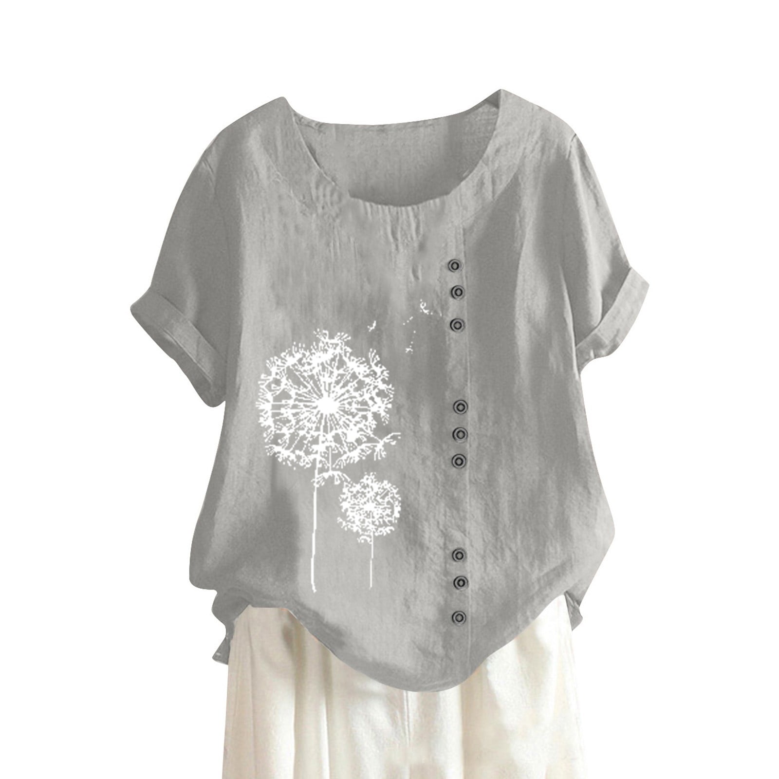Qcmgmg Womens Summer Cotton Linen T-Shirts Casual Crewneck Dandelion ...