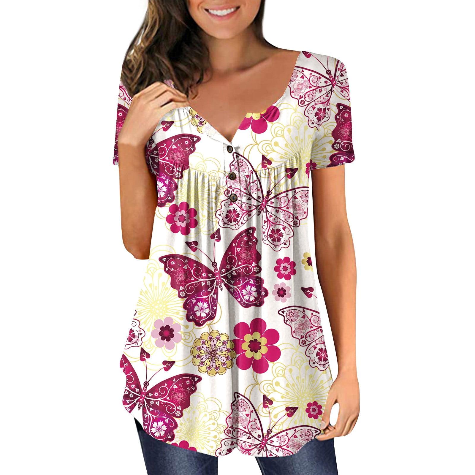 Qcmgmg Womens Summer Shirts Floral Short Sleeve Button Down Henley Clearance Tunic Tops Pleated