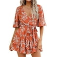thumbnail image 1 of Qcmgmg Womens Summer Short Flared Sleeve Romper V Neck Floral Print Jumpsuit Waist Tie Layer Ruffle Hem Dress Look Rompers Saffron L, 1 of 5