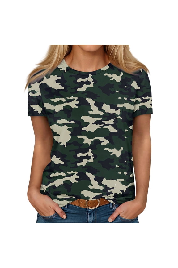 Qcmgmg Womens Summer Tops Crew Neck Camo Short Sleeve Casual T Shirts 2024 Shirts Blouses Tees Dark Green L