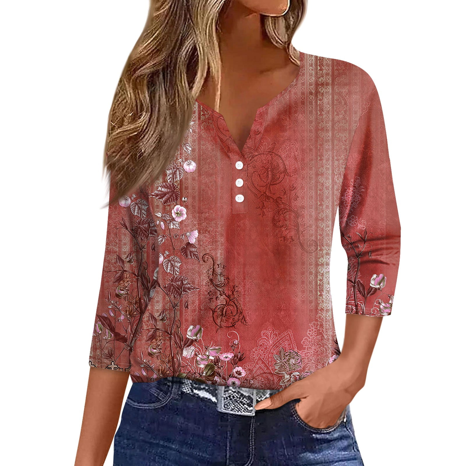 Bakoliza Women's 3/4 Sleeve Floral Print Blouse - Loose Fit Casual Tops, Rayon Blend Shirt