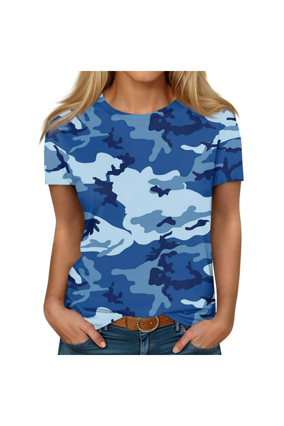 Qcmgmg Womens Tops Short Sleeve Crew Neck Camo 2024 Shirts Summer Casual T Shirts Blouses Tees Blue 4XL
