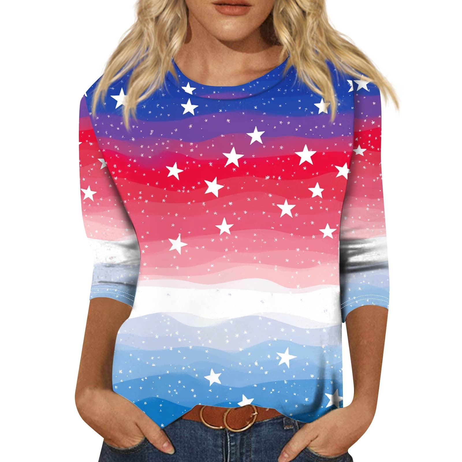 Qcmgmg Womens USA Flag Tops 3/4 Sleeve Fourth of July Shirts Crew Neck ...