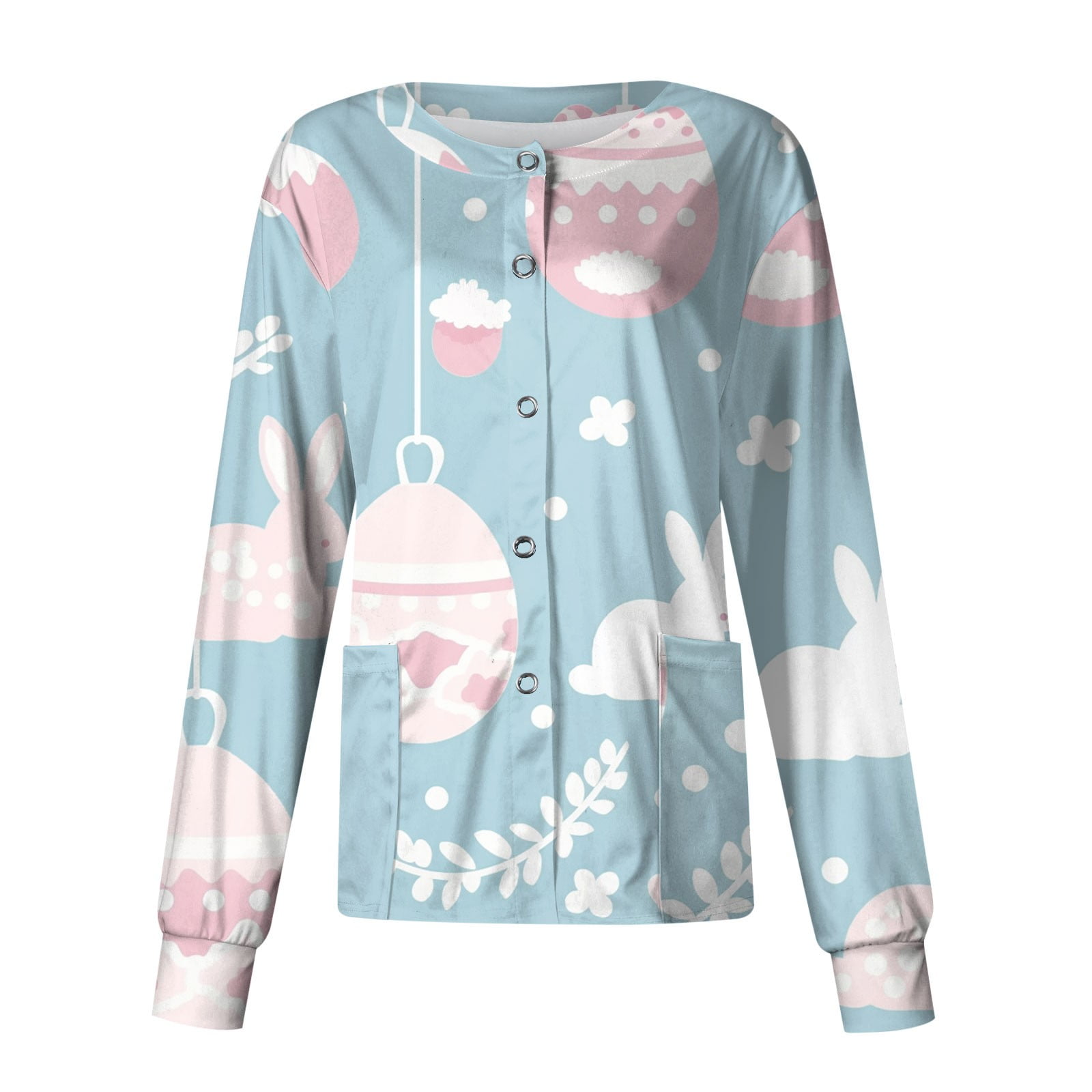 Qcmgmg Womens Uniforms Easter Scrub Top Bunny Medical Rabbit Scrub Jackets Button Down Collar