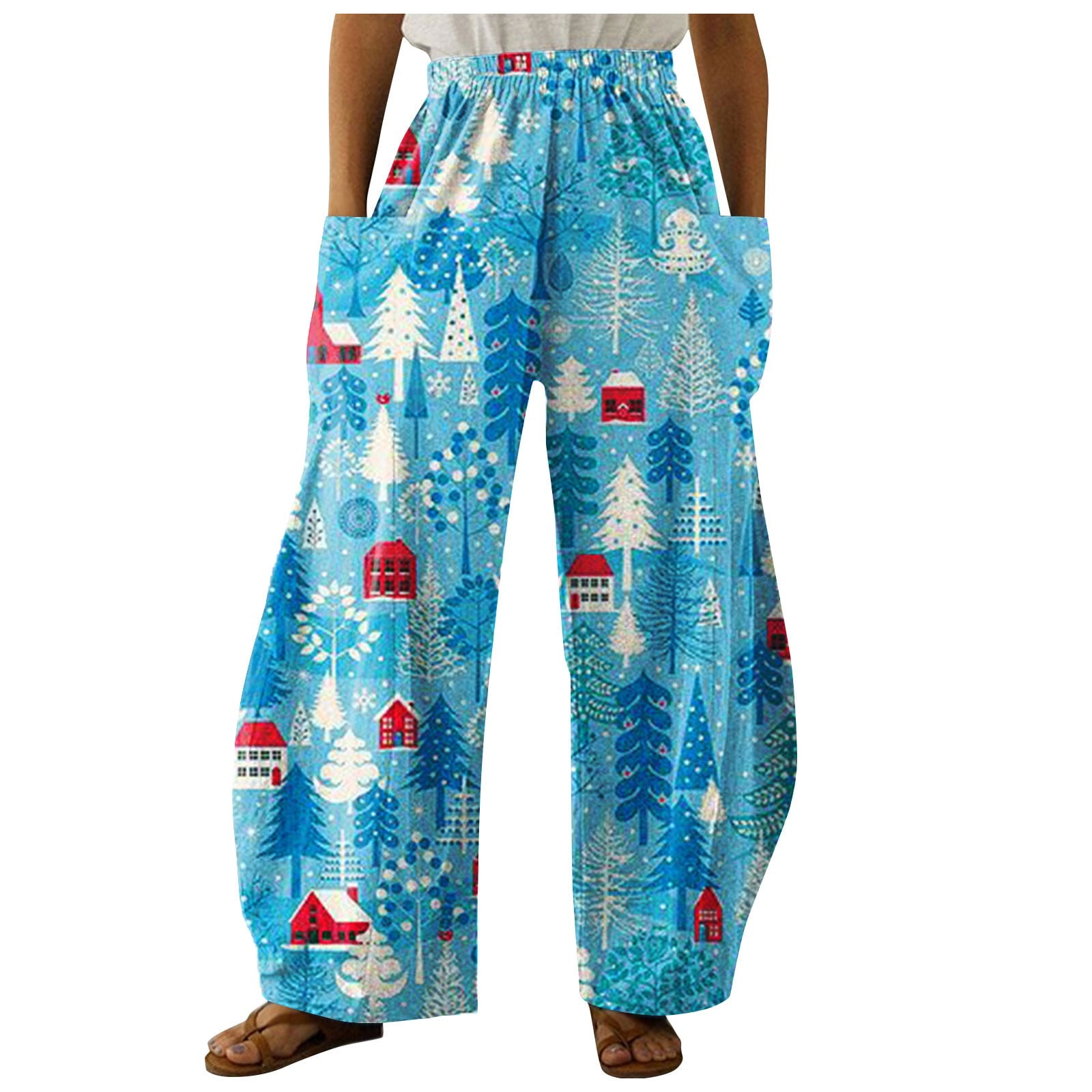 Qcmgmg Womens Winter Pajama Bottoms Christmas Tree Plus Size Xmas High