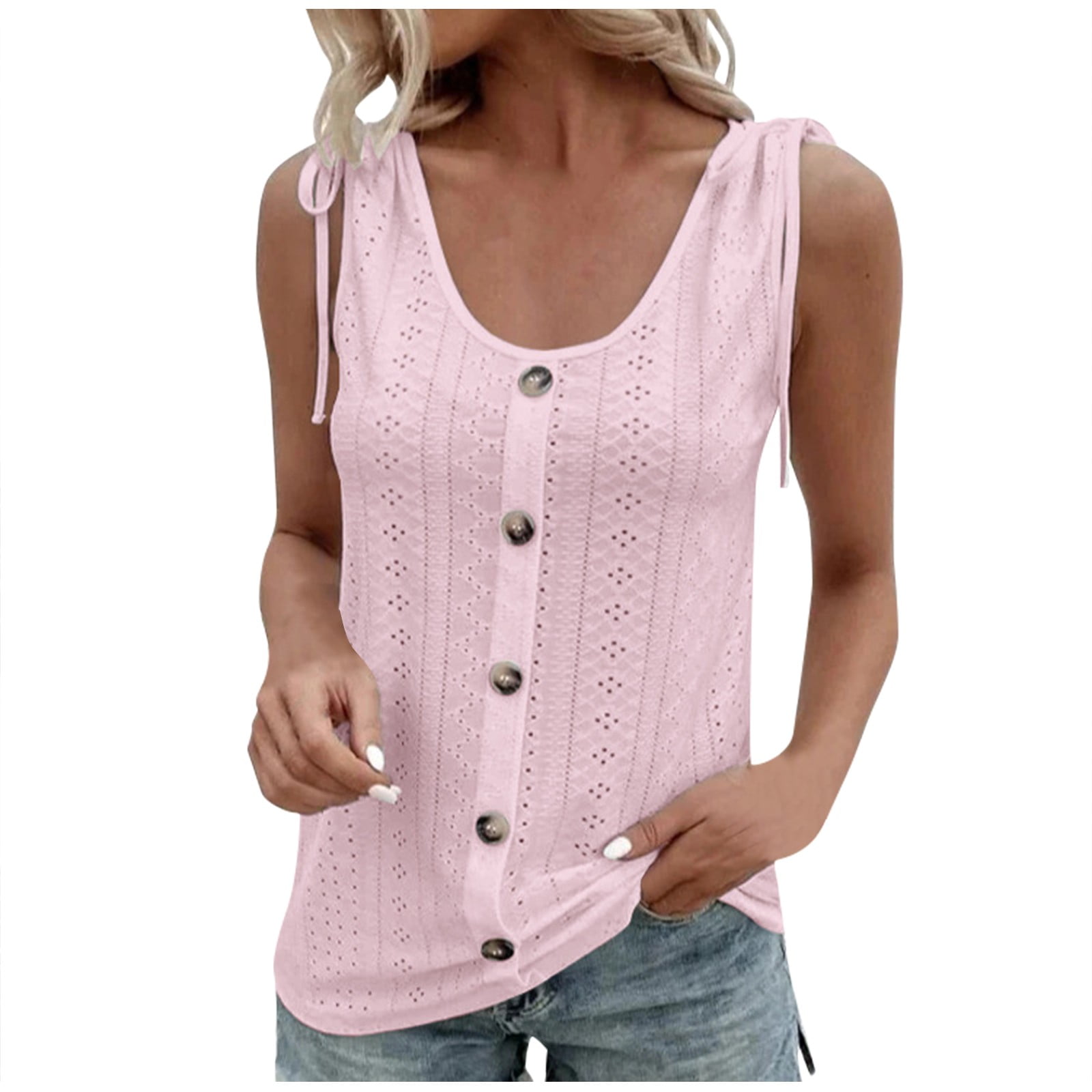 Qcmgmg Workout Tank Tops Button Shoulder Tie Eyelet Ladies Tops ...