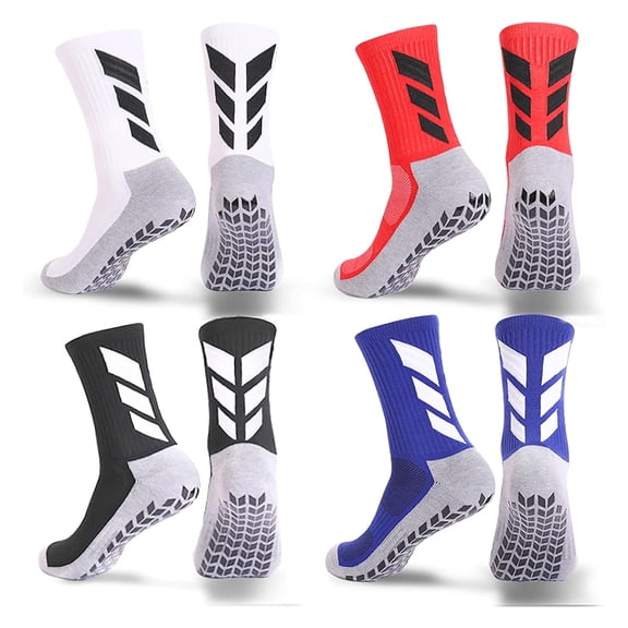 Qcwqmyl Men's Grip Socks 4 Pairs Black White Red Blue Non Slip Soccer Athletic Running Hospital Socks for Men Non Skid Grippy Training Mens Socks One Size