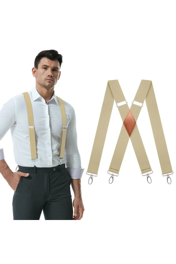 Beige Men Suspenders with 4 Swivel Hook for Holding up Adjustable Adult Braces Wedding Work