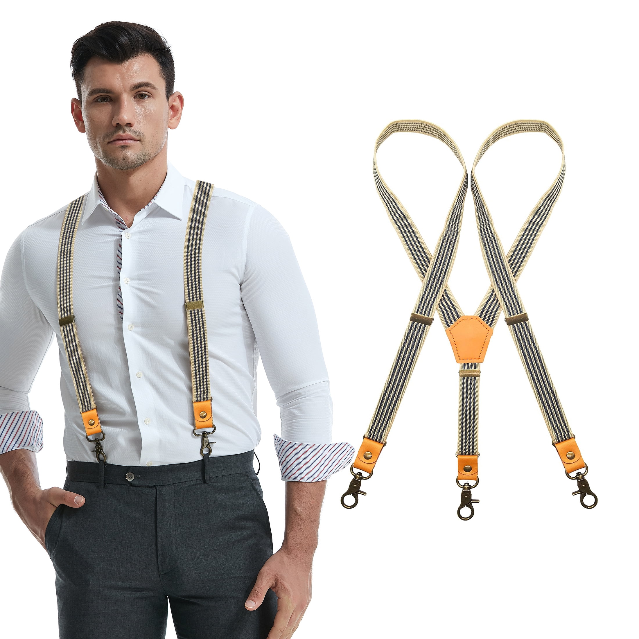 Qcwqmyl Leather Suspenders for Men with Bronze Metal,Mens Suspenders