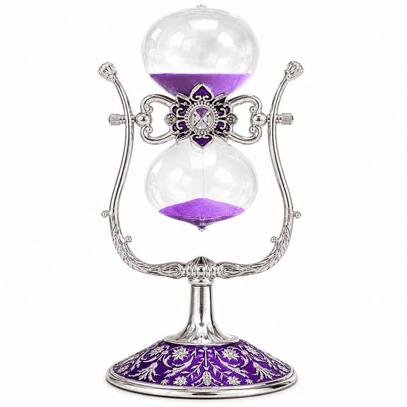 Qczoyp 15 Minute Hourglass Sand Timer, Electroplated Metal Frame Glass Visual Timer, Vintage Decorative Sand Clock for Home Office Study Desk Wedding Event Decor and Gifts, Purple