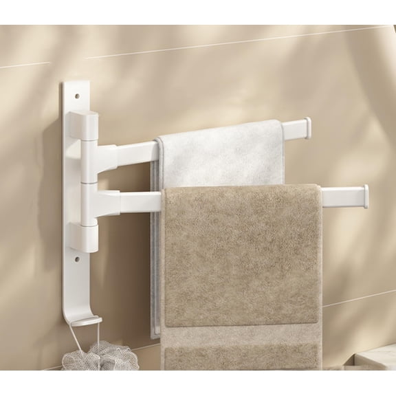 Qczoyp 2 Arms Swivel Towel Rack Thicken Towel Holder with Hook Space Saving Towel Bar Wall Mount Swivel Towel Racks for Bathroom Kitchen-Beige