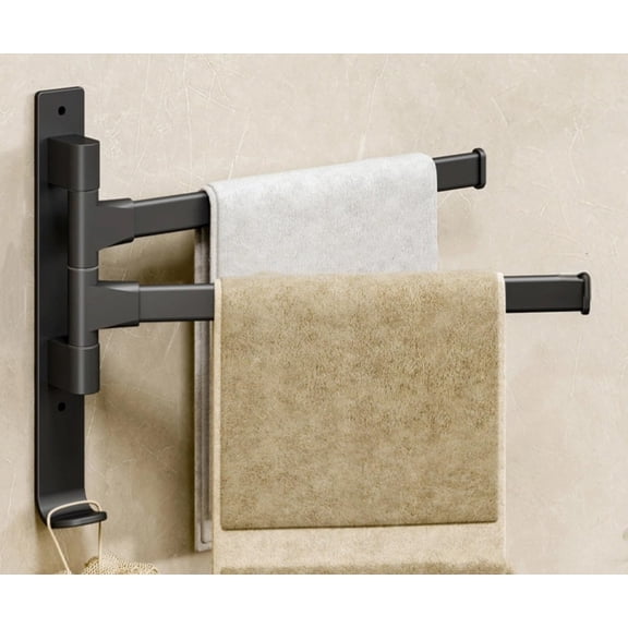 Qczoyp 2 Arms Swivel Towel Rack Thicken Towel Holder with Hook Space Saving Towel Bar Wall Mount Swivel Towel Racks for Bathroom Kitchen-Black