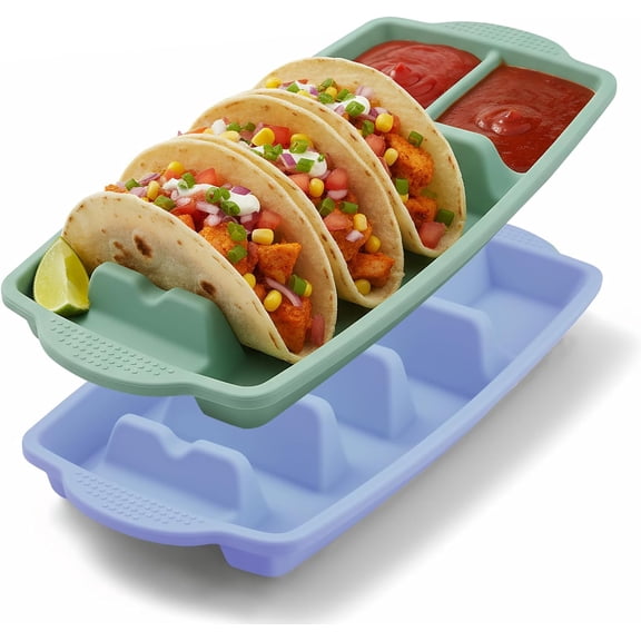 Qczoyp 2 Pack Taco Holder Plates with 2 Compartment Condiment Tray, Handle Design Reusable Taco Shell Serving Tray, Microwave Safe for Soft Shell Tacos, Kitchen & Fiesta Party Use