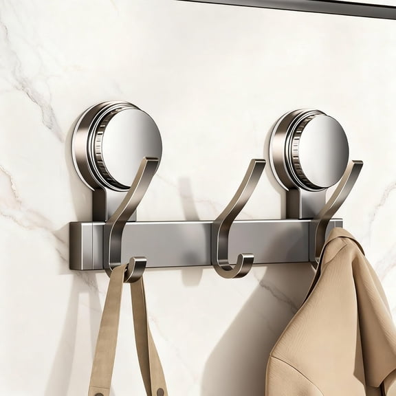 Qczoyp 3 Dual Suction Cup Hooks Bar, Bathroom, Kitchen, Home, Glass, Mirror, Tile. Reusable, ABS+Aluminium, Waterproof, Rustproof, No Drill. Hang Towel, Robe, Loofah, Sponge, Coat (Gray, 3 Hooks)