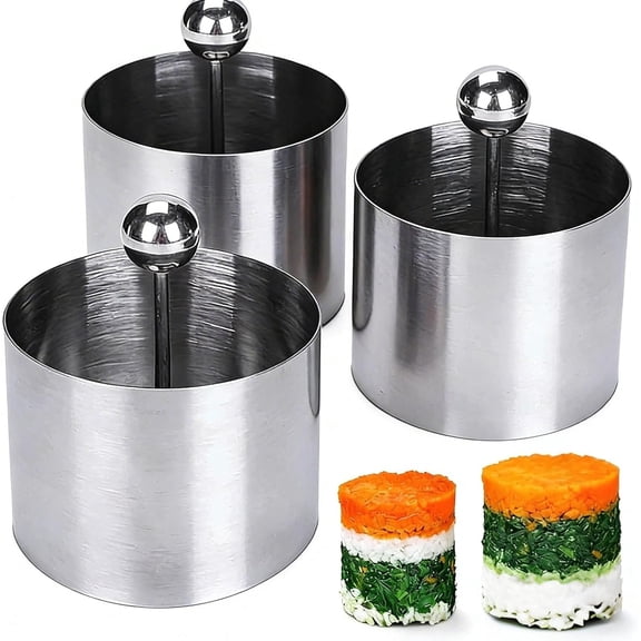 Qczoyp 3Pcs 304 Stainless Steel Round Cooking Ring Mold Set with Presser,2.36/2.75/3.15 Inch Food Presentation Rings,Non-Stick Onigiri Sushi Mini Cake Mold Oven Freezer Safe Kitchen Baking Tool