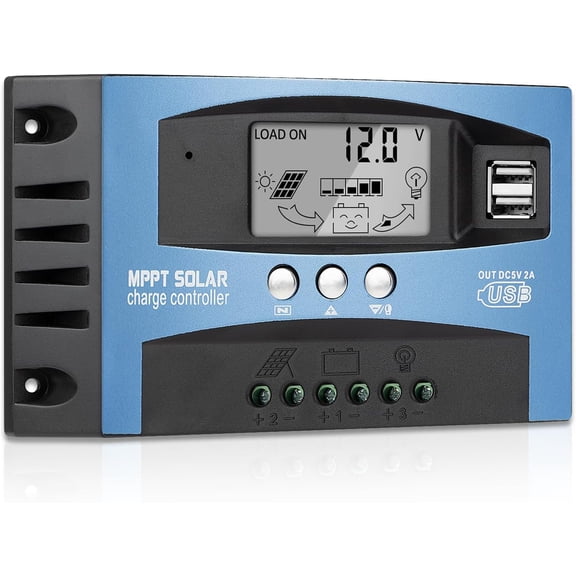 Qczoyp 60A MPPT Solar Charge Controller, 12V/24V Auto Recognition Solar Panel Regulator with LCD Display, Dual USB Port , Intelligent Protection Solar Charge Controller for Home Industrial