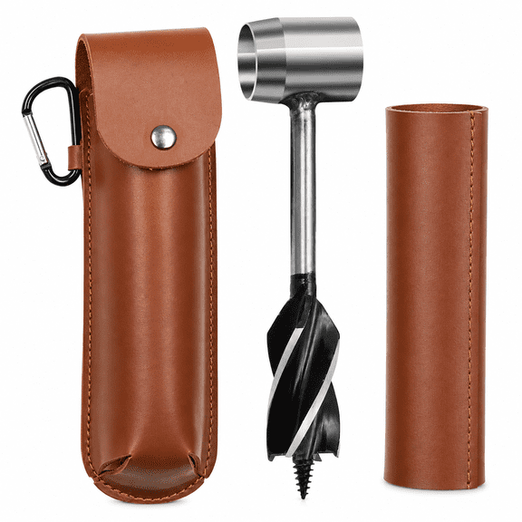 Qczoyp Bushcraft Hand Auger Drill,6.61 in High Carbon Steel Wood Splitter Auger with Self-Tapping Tip and Leather Pouch for Camping, Fireplace, Fire Pit, Kindling and Outdoor Use