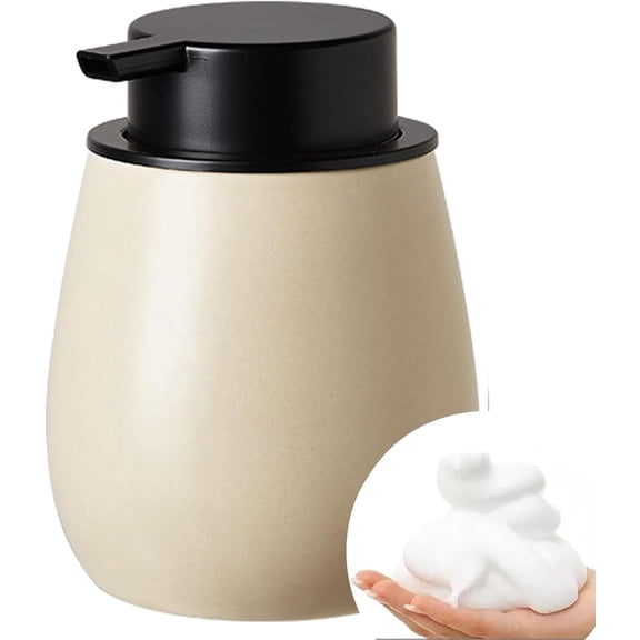Qczoyp Ceramic Foaming Soap Dispenser, 14Oz Foam Hand Soap Dispenser with Black Pump,Refillable Lotion Soap Dispenser, Dish Soap Dispenser for Kitchen (Beige-Black Pump)