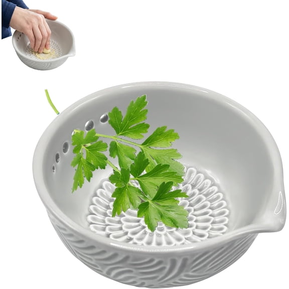 Qczoyp Ceramic Herb Stripper Bowl and Garlic Grater, 2-in-1 Handmade Herb Bowl with 7 Hole Sizes for Kale, Built-In Garlic Ginger Grater Plate Tool, Multi-functional Kitchen Tool with Drainage Port