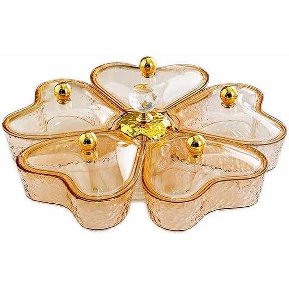 Qczoyp Divided Rotating Serving Tray with Lid and Handle, Portable 5 Compartments Snackle Box for Fruits, Candy, Snacks, Veggie, Nuts, Snack Spinner Organizer, Gold,11.2" L